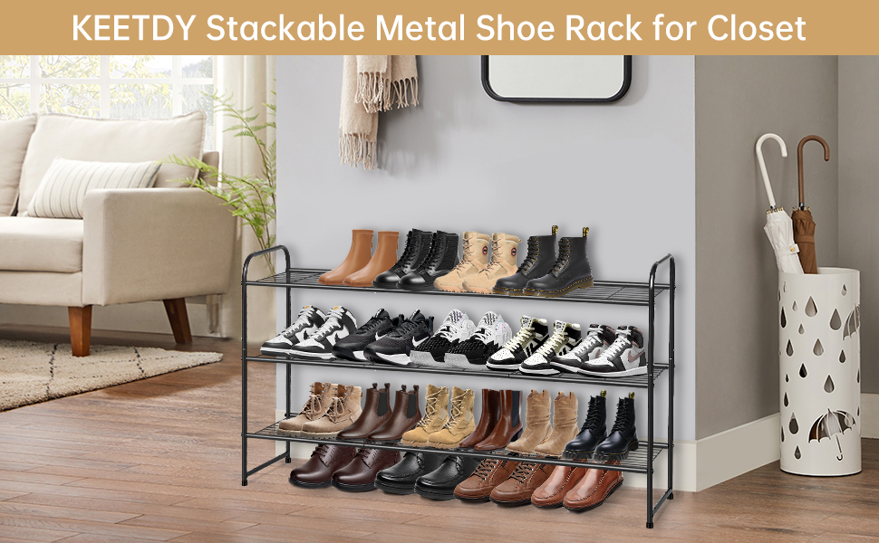 KEETDY Long 3-Tier Shoe Rack for Closet Floor Entryway, Wide Shoe Storage  Organizer Stackable Metal Shoe Shelf for 24 Pairs Men Sneakers with Wire